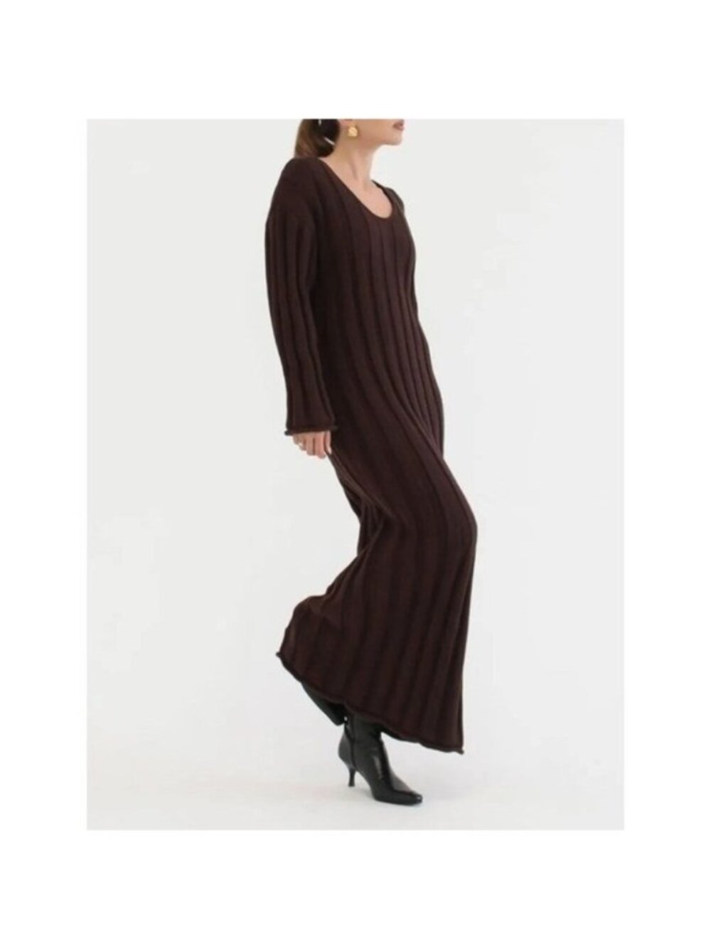Rumored Brown Ribbed Knit Maxi Dress Lg Winter Luxe Minimalist Quiet Luxury NWT - Picture 4 of 6